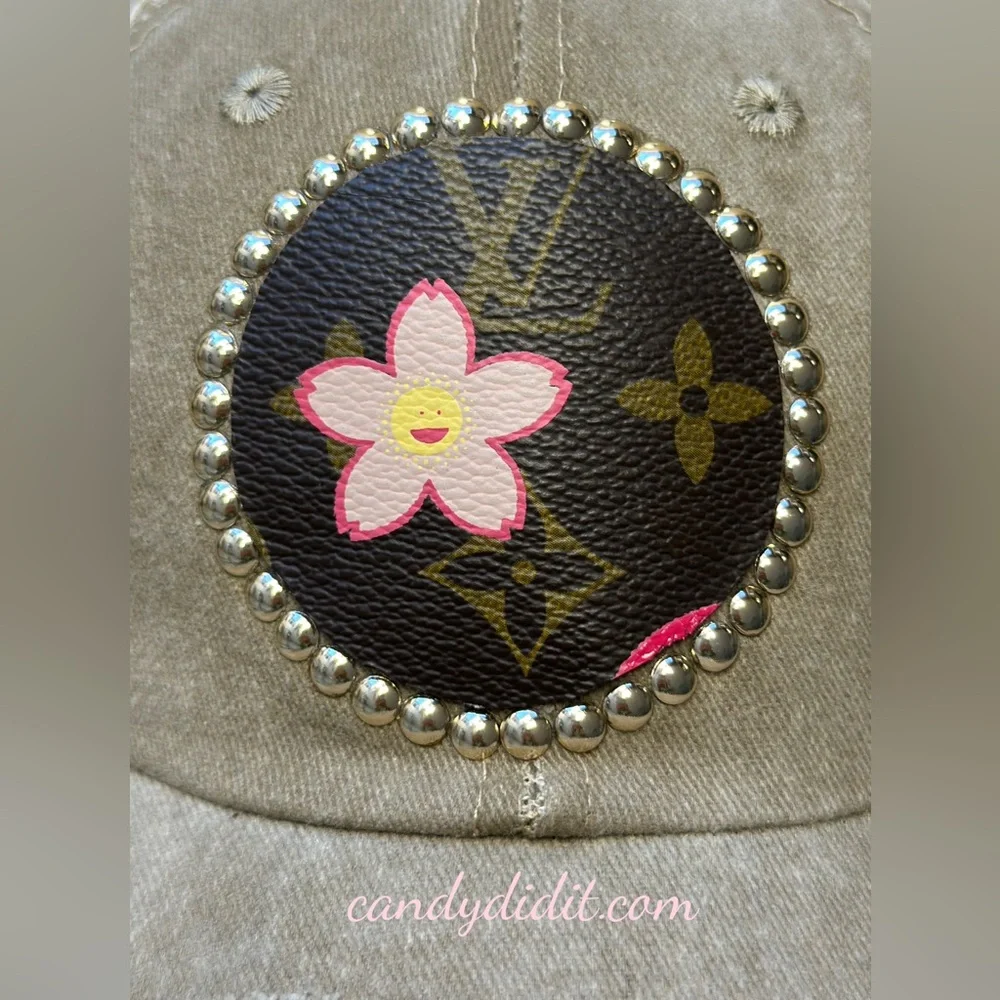 Unique Handmade Cherry Blossom Distressed Studded LV Tan Ball Cap - Picture 3 of 11